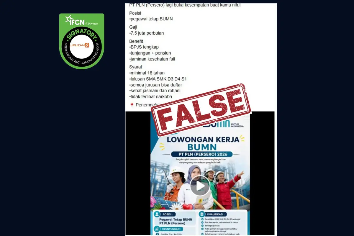 Tangkapan layar Cek Fakta Liputan6.com untuk menelusurii klaim link pendaftaran lowongan kerja pegawai tetap PLN