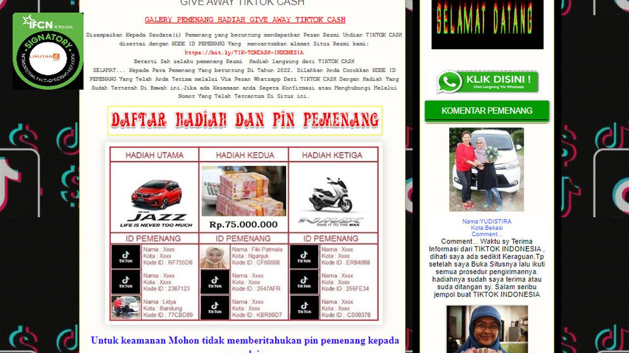 Tangkapan layar informasi TikTok Indonesia membagikan hadiah mobil hingga uang Rp 75 juta
