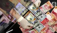 Karyawan menunjukkan uang dolar AS dan rupiah di Jakarta, Rabu (30/12/2020). Nilai tukar rupiah di pasar spot ditutup menguat 80 poin atau 0,57 persen ke level Rp 14.050 per dolar AS. (Liputan6.com/Johan Tallo)