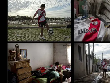 Foto kombinasi pada September 2020 memperlihatkan Daniel Dorado, 12, dari Argentina yang bermimpi menjadi pemain sepak bola divisi pertama di klub River Plate. (ARIEL TIMY TORRES / AFP)