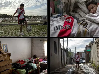 Foto kombinasi pada September 2020 memperlihatkan Daniel Dorado, 12, dari Argentina yang bermimpi menjadi pemain sepak bola divisi pertama di klub River Plate. (ARIEL TIMY TORRES / AFP)