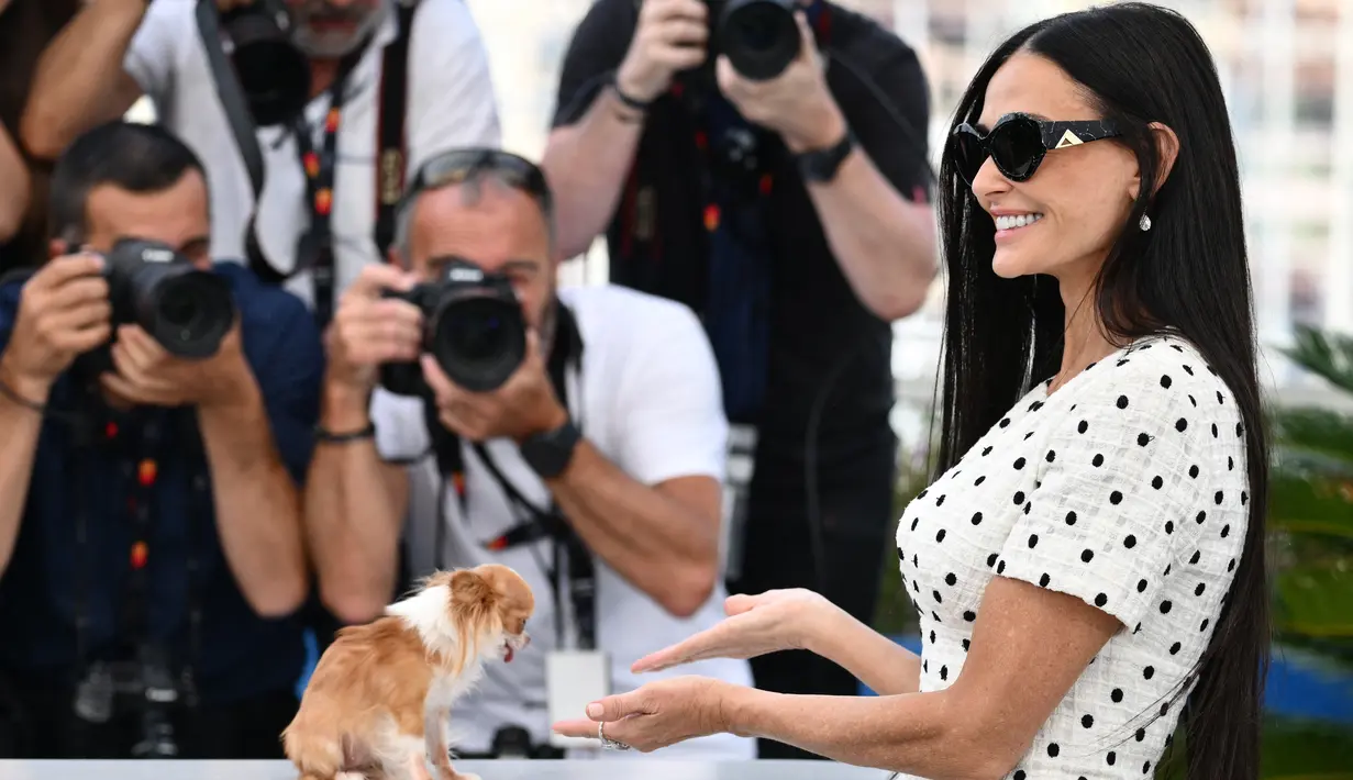 Demi Moore menghadiri sesi pemotretan bersama chihuahua Pilaf kesayangannya, yang dipeluknya erat-erat saat berpose untuk berfoto di acara tersebut. (CHRISTOPHE SIMON / AFP)