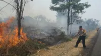 Seorang petugas kepolisian ikut memadamkan api saat bencana karhutla di Jambi. (Liputan6.com/B Santoso)