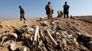 Tulang belulang terlihat di sebuah kuburan massal yang diduga lokasi makam anggota Yazidi Irak di pinggiran kota Sinjar, 30 November 2015. Pasukan Kurdi menemukan kuburan ini usai berhasil merebut kembali kota Irak dari militan ISIS. (Reuters/Ari Jalal)