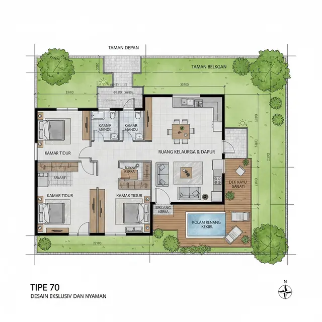 Desain Rumah Tipe 70 di Tanah Memanjang. Gemini