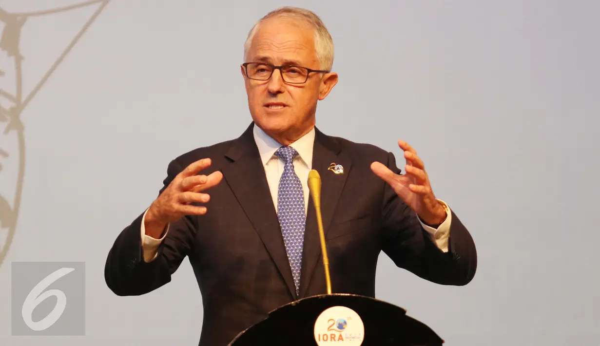 PM Australia Malcom Turnbull saat memberikan keterangan pers hasil pertemuan para kepala negara dan pimpinan delegasi dalam rangkaian KTT Indian Ocean Rim Association (IORA) 2017 di JCC, Jakarta, Selasa (7/3). (Liputan6.com/Angga Yuniar)