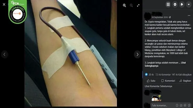 Gambar Tangkapan Layar Informasi Palsu Ramuan untuk Mengatasi Kanker (sumber: Facebook).