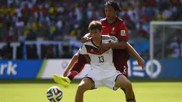 Thomas Mueller. Striker Timnas Jerman berusia 32 tahun dan memasuki musim ke-14 bersama Bayern Munchen mencetak hattrick untuk Jerman dan menjadi juara pada Piala Dunia 2014. Hattrick ia cetak saat jumpa Portugal di matchday pertama Grup G (16/6/2014) yang berakhir 4-0. (AFP/Fabrice Coffrini)