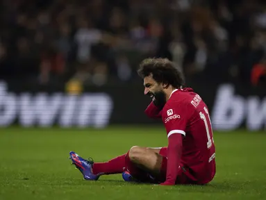 Reaksi penyerang Liverpool Mohamed Salah saat bertandang ke markas Toulouse pada pekan ke-4 Grup E Liga Europa 2023/2024 di Stadium de Toulouse, Jumat (10/11/2023) WIB. (AP Photo/Thibault Camus)