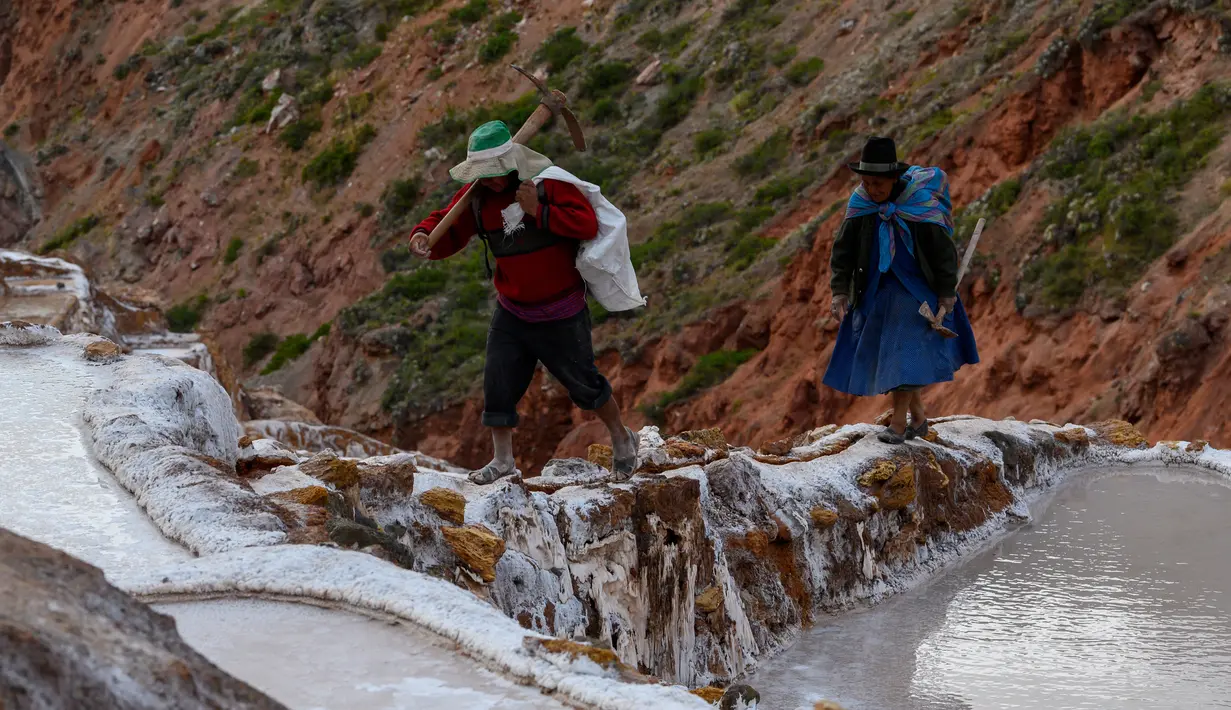 Pekerja berjalan di sepanjang pematang tambak garam Maras, Peru, 27 April 2019. Ahli geologi menyatakan, saat terjadi peristiwa terbentuknya pegunungan, air laut terjebak di kedalaman dan terakumulasi menjadi deposit garam. (Pablo PORCIUNCULA BRUNE/AFP)