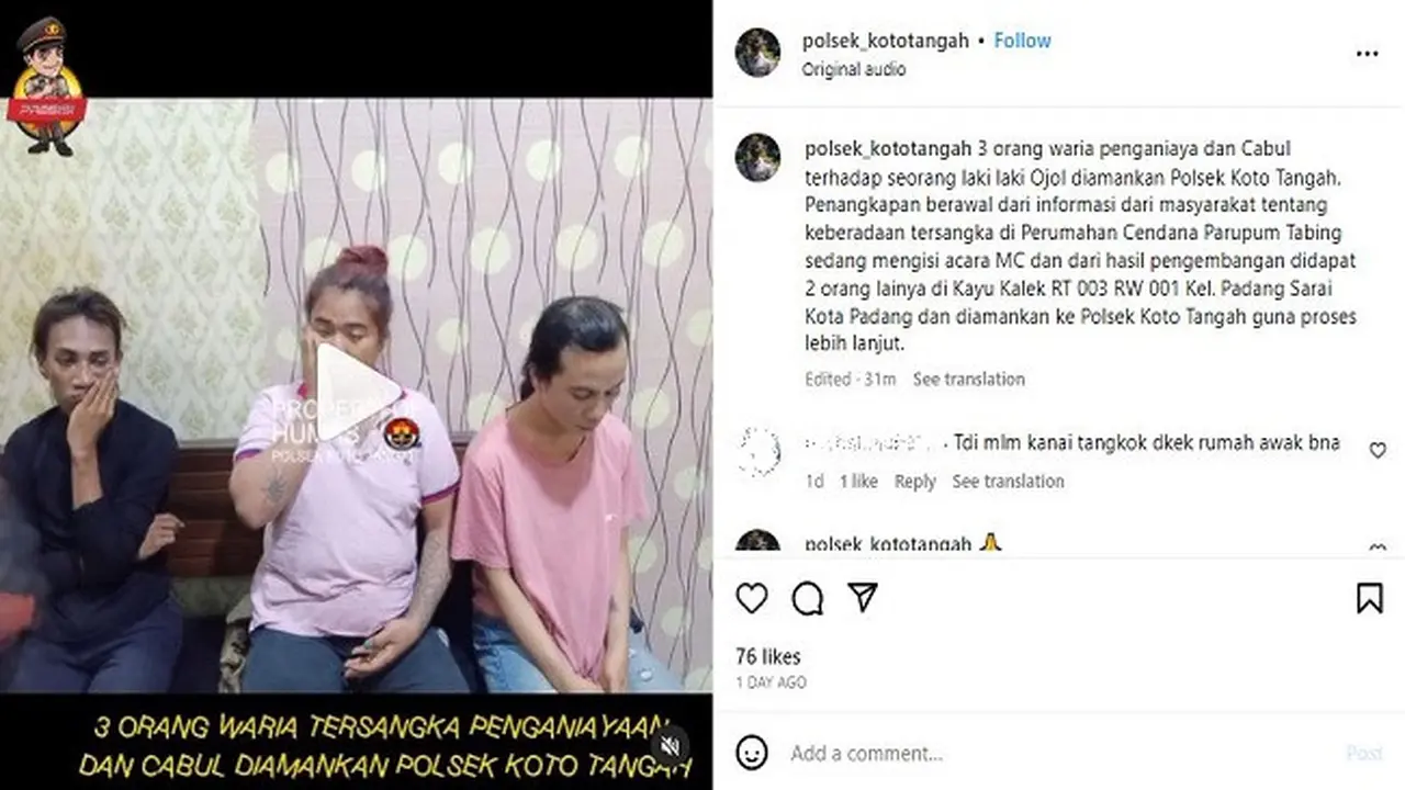 Tiga waria di Kota Padang, Sumatera Barat ditangkap penyidik Polsek Koto Tangah pada Sabtu 7 Oktober 2023 lalu. Mereka ditangkap karena diduga menyekap, menganiaya, dan mencabuli seorang driver ojek online (ojol).