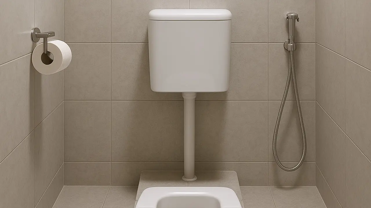 Kamar mandi dengan WC jongkok bergaya minimalis dan dilengkapi flush (Sumber: ChatGPT)