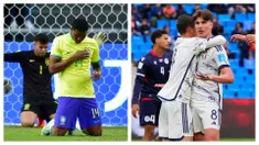 Dua tim unggulan di Grup D, Brasil dan Italia memastikan lolos ke babak 16 besar Piala Dunia U-20 2023 setelah sama-sama memetik kemenangan atas lawan-lawannya pada laga pamungkas fase grup, Minggu (28/5/2023) dini hari WIB. Brasil yang akhirnya berstatus juara Grup D meski sama-sama mengoleksi 6 poin dengan Italia namun memiiki keunggulan selisih gol, sukses mengalahkan Nigeria 3-0. Sementara Italia berpesta tiga gol tanpa balas ke gawang Republik Dominika. (Kolase Foto AP Photo)