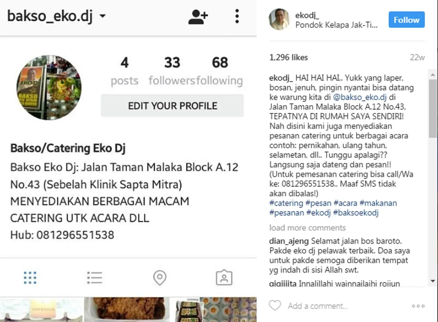 Postingan Eko DJ sebelum meninggal dunia, masih mempromosikan usaha bakso milik keluarganya. (Instagram @eko_dj)