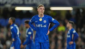 Ekspresi Cole Palmer dalam laga Chelsea vs PSG di 16 besar Liga Champions 2025/2026, Rabu (18/3/2026). (AP Photo/Kin Cheung)