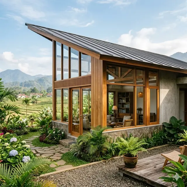 Desain Fasad Rumah Desa dengan Atap Miring
