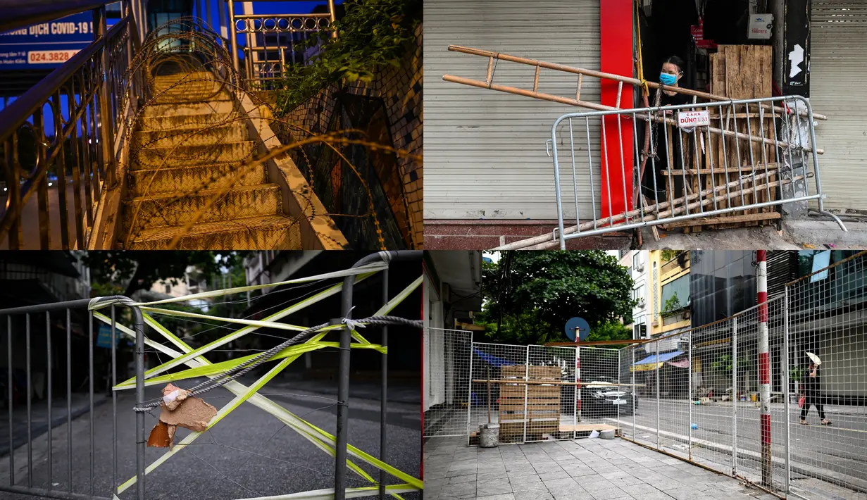 Foto kolase antara tanggal 29 dan 31 Agustus 2021 dari barikade yang didirikan untuk membatasi pergerakan penduduk di Hanoi, Vietnam, sebagai bagian dari rencana pihak berwenang untuk menghentikan penyebaran virus corona Covid-19. (Manan VATSYAYANA/AFP)