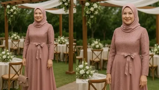 Model Gamis Brokat Tali Pinggang untuk Ibu-ibu Usia 40 Tahun (Sumber: AI)