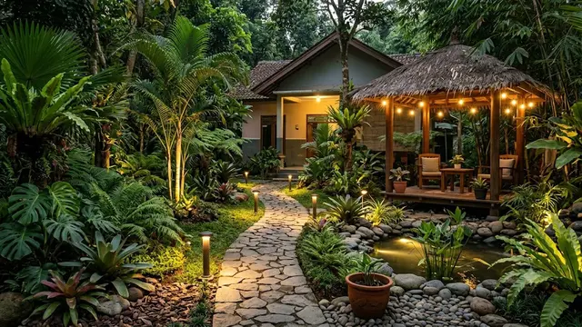 Inspirasi Taman Rumah dengan Nuansa Hutan Tropis sebagai Solusi Halaman Asri dan Estetik Model Menata Pencahayaan agar Taman Tetap Dapat Dinikmati