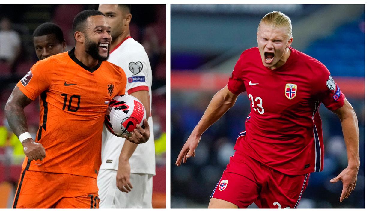 Penyerang Belanda, Memphis Depay (kiri) dan Penyerang Norwegia, Erling Haaland menjadi pemain paling berkontribusi pada laga lanjutan kualifikasi Piala Dunia 2022 zona Eropa. Mereka sama-sama menciptakan hattrick pada laga tersebut. (Foto Kolase: AP/Peter Dejong dan NTB via AP/Hakon Mosvold Larsen)