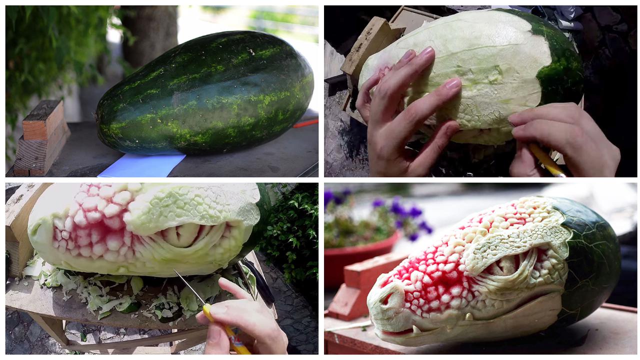 Seniman 'Sulap' Semangka Jadi Kepala Naga