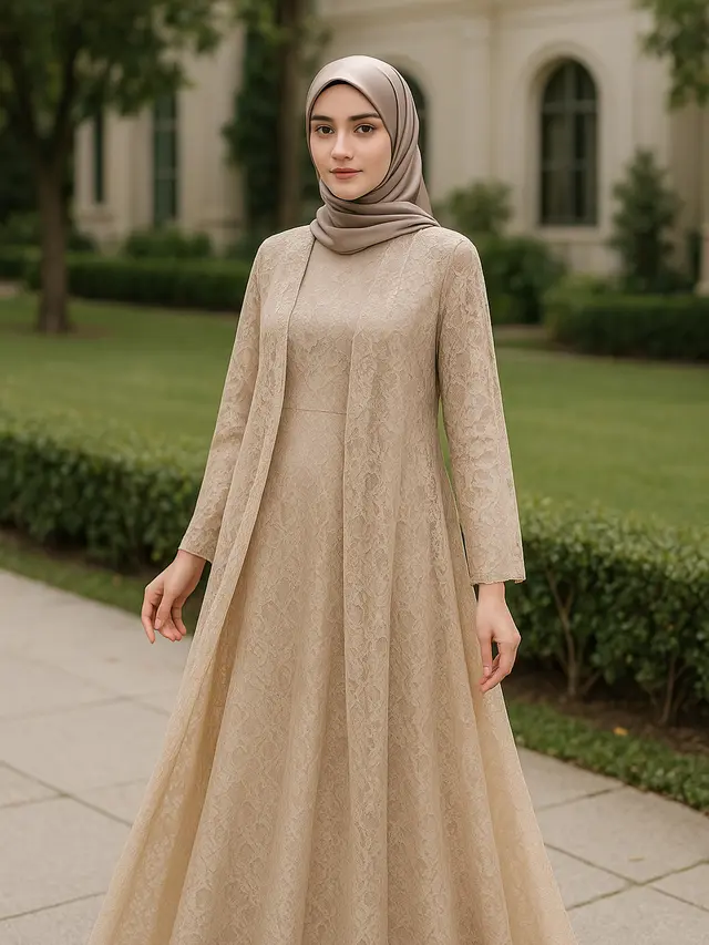 7 Model Long Dress Brokat A-Line dengan Outer, Cocok Dipadukan dengan Jilbab untuk Tampilan Elegan 2025