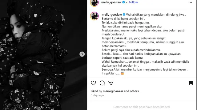 Unggahan Melly Goeslaw. (https://www.instagram.com/melly_goeslaw)