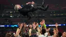 Ini menjadi gelar juara Liga Champions kelima bagi Carlo Ancelotti sepanjang kariernya sebagai pelatih. (AP Photo/Kirsty Wigglesworth)