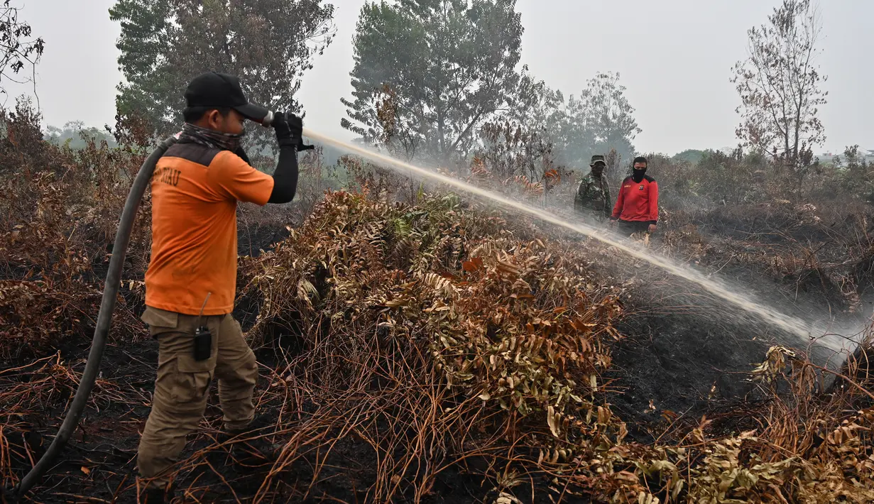 Prajurit TNI dan petugas Badan Penanggulangan Bencana Daerah (BPBD) berusaha memadamkan kebakaran hutan dan lahan di Kabupaten Kampar, Provinsi Riau (12/9/2019). Kebakaran hutan yang terjadi menyebarkan kabut asap di Asia Tenggara. (AFP Photo/Adek Berry)