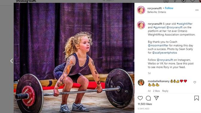 Rory van Ulft, bocah perempuan berusia 7 tahun yang mampu mengangkat beban seberat 70 kg (Instagram)