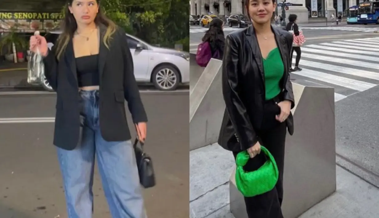Zahwa tampil dengan blazer hitam dan inner kemben, dipadukan celana oversize denim. Lalu, Aaliyah dengan blazer kulit hitam dan inner hijau, dipadu celana hitam loosenya [@zahwamassaid/@aaliyah.massaid]