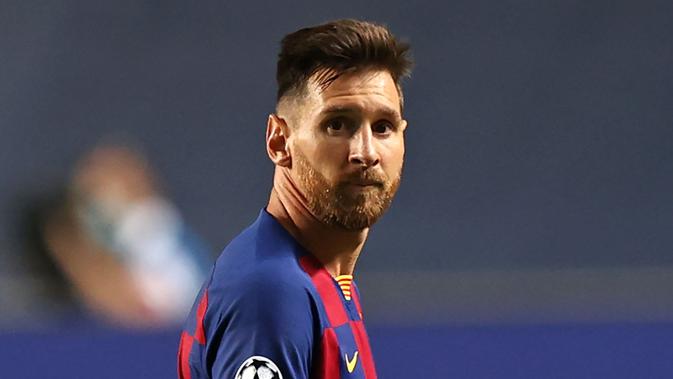Ekspresi Striker Barcelona, Lionel Messi, saat melawan Bayern Munchen pada laga Liga Champions di Stadion the Luz, (14/8/2019). (AFP/Rafael Marchante)