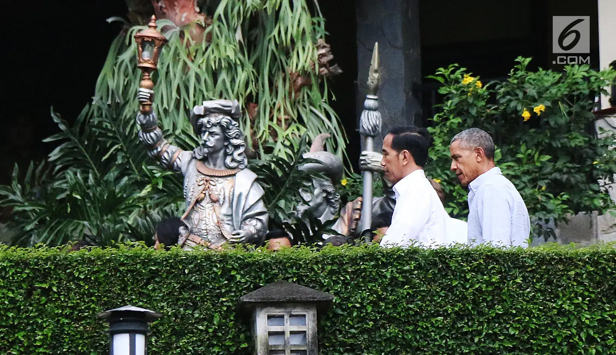 Presiden Joko Widodo berbincang dengan Presiden AS ke-44, Barack Obama di Kebun Raya Bogor menuju Grand Garden, Bogor, Jumat (29/6). Jokowi mengajak Obama berkeliling Kebun Raya untuk berbincang santai di Grand Garden. (liputan6.com/Angga Yuniar)