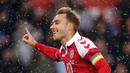 Pemain Denmark, Christian Eriksen merayakan golnya ke gawang Jerman pada laga persahabatan di Brondby Stadion, Kopenhagen, Denmark, (6/6/2017). (Jens Dresling/Ritzau Foto via AP)