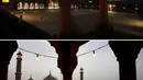 Foto kombinasi pada 25 April 2020 (atas) dan pada 1 Juni 2018 menunjukkan Masjid Jama selama bulan suci Ramadan di New Delhi. Masjid terbesar India yang selalu ramai dipenuhi Umat Muslim saat Ramadan kini terlihat sepi imbas penerapan lockdown untuk menekan penyebaran virus corona (AP/Manish Swarup)