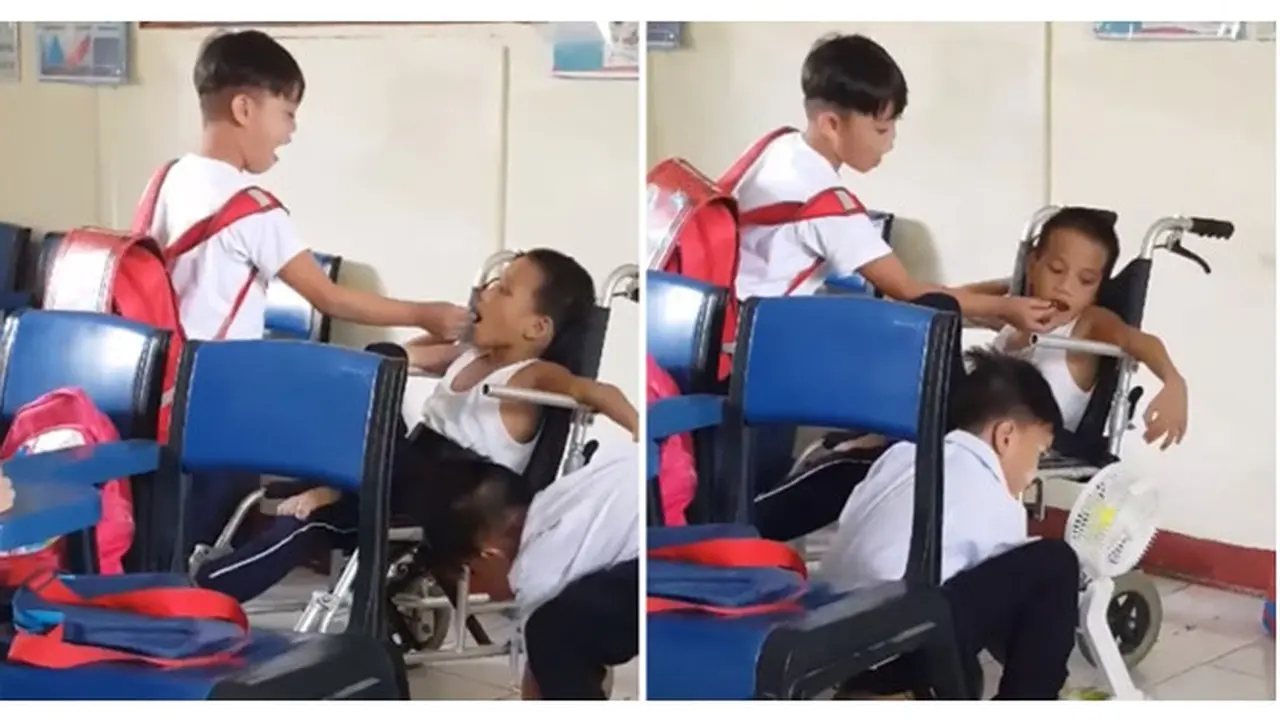 Potret Dua Anak SD Bantu Teman Kelas yang Berkebutuhan Khusus Ini Bikin Haru