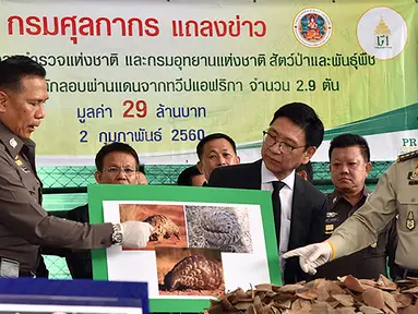 Petugas Bea Cukai Thailand menggelar konpers penyelundupan sisik trenggiling di Bangkok (2/2). Sisik trenggiling seberat hampir 3 ton dengan nilai 29 juta Baht atau sekitar Rp 10 miliar digagalkan Bea Cukai Thailand. (STR / Thai Customs Department / AFP)