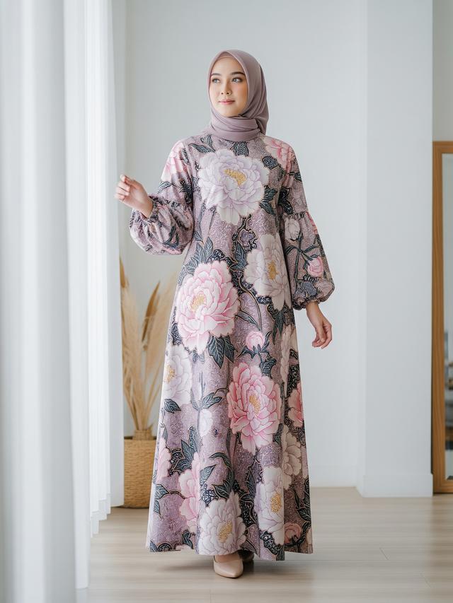 Gamis Batik Lengan Balon Motif Bunga Peony Pastel