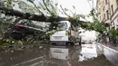 Sebuah mobil tertimpa pohon yang tumbang akibat terjangan badai di Moskow, Rusia (29/5). Badai berkecepatan 110 km per jam diserta hujan es itu menyebabkan 11 orang tewas dan 69 orang terluka. (AP Photo)