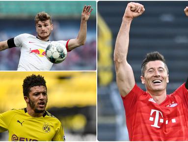 Striker Bayern Munchen, Robert Lewandowski, masih tetap berada di puncak top scorer Bundesliga di pekan ke-28, disusul pemain RB Leipzig, Timo Werner dengan torehan 24 gol. Berikut top scorer sementara Bundesliga 2019/2020. (kolase foto AFP)