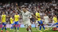 Selebrasi Brahim Diaz saat membantu Real Madrid melumat Cadiz di pekan 34 LaLiga (AFP)