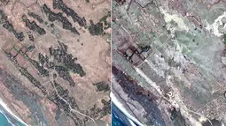 Citra satelit DigitalGlobe pada 20 Desember 2017 (kiri) dan 13 Februari 2018 (kanan) di Desa Zona Kar Yar, sekitar 24 kilometer tenggara Maungdaw, Rakhine, Myanmar.  Perataan desa Rohingya dilakukan dalam beberapa pekan terakhir. (DigitalGlobe via AP)