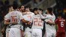 Selebrasi timnas Spanyol pada laga kedua Kualifikasi Piala Eropa 2020 yang berlangsung di Stadion Ta Qali, Malta, Rabu (27/3). Spanyol menang 2-0 atas Malta. (AFP/Filippo Monteforte)