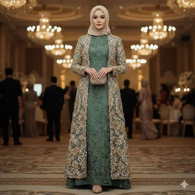 Gamis Brokat dengan Blazer Payet