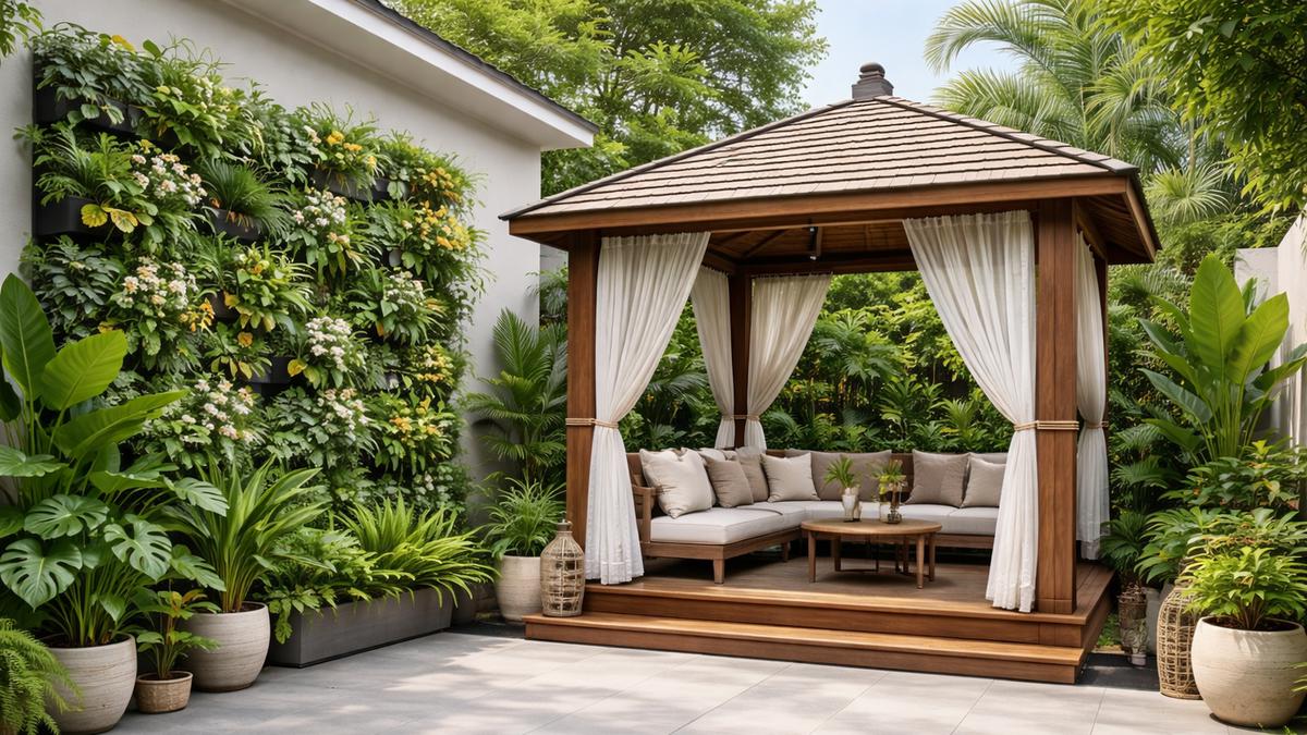 7 Desain Teras Rumah 6x9 dengan Gazebo Kayu dan Tanaman Tropis