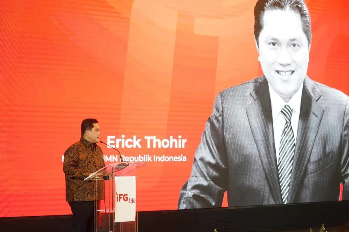 Menteri BUMN erick Thohir dalam acara pengalihan portofolio pertanggungan (polis) dari PT Asuransi Jiwasraya (Persero) ke PT Asuransi Jiwa IFG (IFG Life).