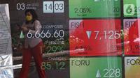 Pekerja melintas di depan layar Indeks Harga Saham Gabungan (IHSG) di BEI, Jakarta, Senin (3/1/2022). Pada pembukan perdagagangan bursa saham 2022 Indeks Harga Saham Gabungan (IHSG) langsung menguat 7,0 poin atau 0,11% di level Rp6.588,57. (Liputan6.com/Angga Yuniar)