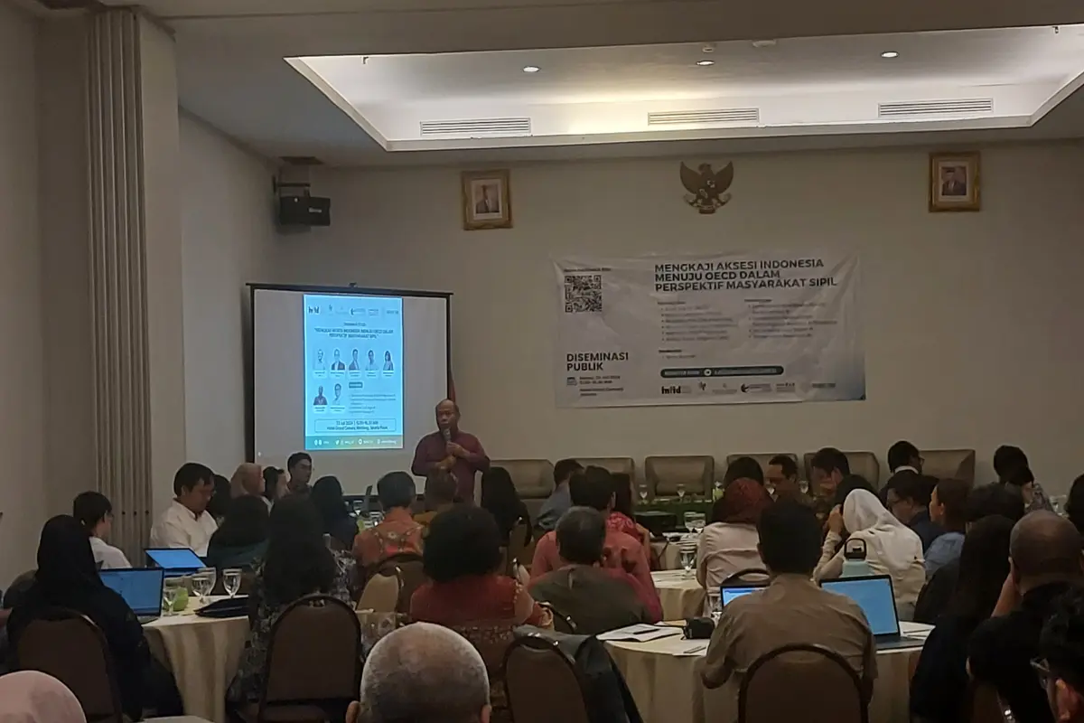 Diseminasi Publik bertajuk Mengkaji Aksesi Indonesia Menuju OECD Dalam Perspektif Masyarakat Sipil, di Jakarta, Selasa (23/7/2024). (Arief/Liputan6.com)