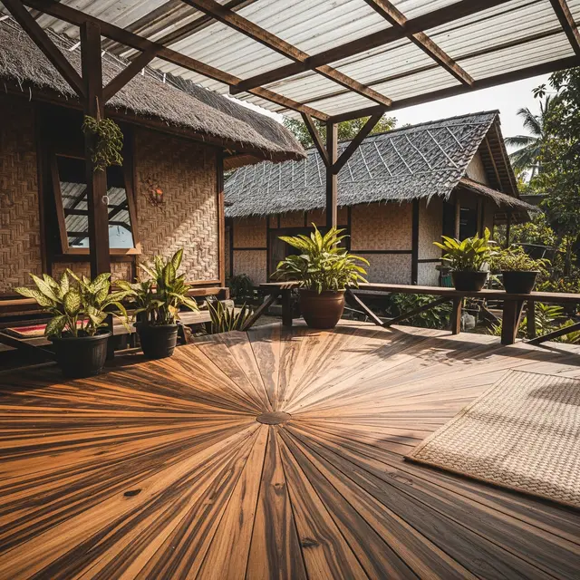 Perpaduan Lantai Teras Motif Kayu dengan Rumah Desa Sederhana