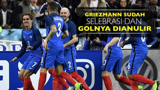 Berita video momen kontroversial gol striker Prancis, Antoine Griezmann, ke gawang Spanyol dianulir wasit setelah Layvin Kurzawa offside.